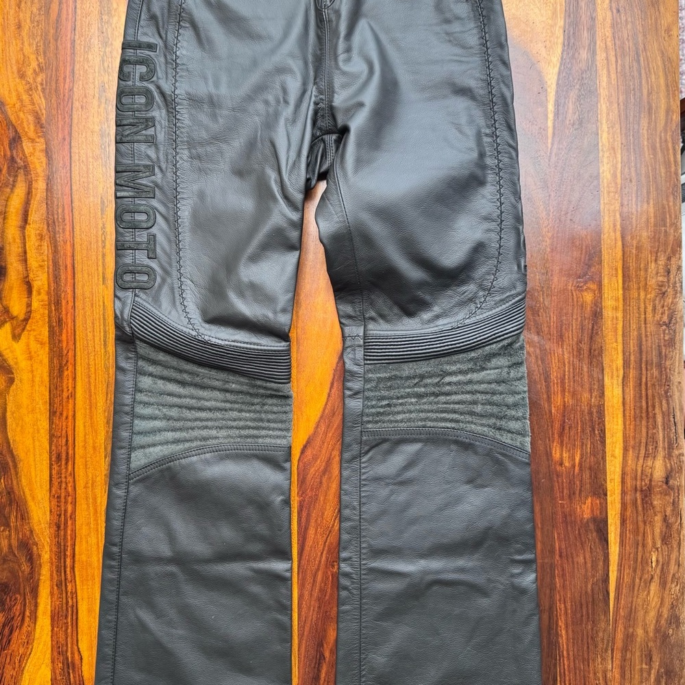 ICON Black Leather Boot-Cut Pants with Moto Ribbing